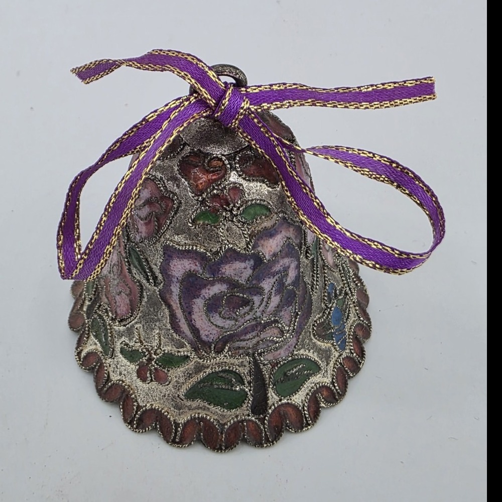 Vintage Cloisonne Enamel Floral Bell Ornament Rose Design Hanging Decor